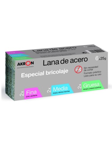 LANA DE ACERO AKRON 2295 FINO,MEDIO Y GRUESO 25g 6UD