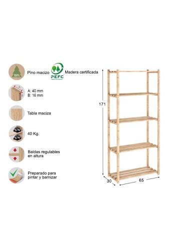 ESTANTERIA NATURA ASTIGARRAGA PINO MACIZO FONDO 30cm SIN BARNIZ 5 BALDAS