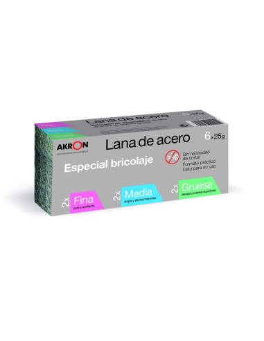 LANA DE ACERO AKRON 2295 25GRS FINO-MEDIO-GRUESO SURTIDO 6UD