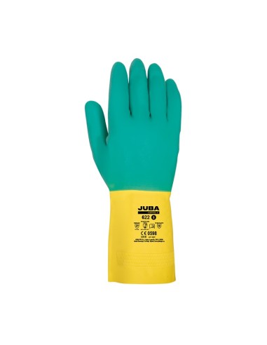 PACK 12UD GUANTE LATEX FLOCADO CAPITOL II VERDE/AMARILLO TALLA 7 JUBA